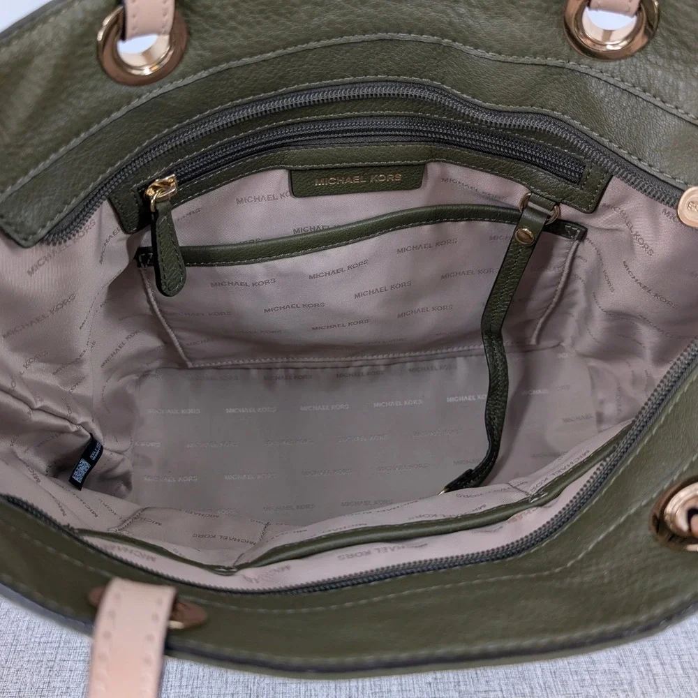 Michael Kors Bedford Medium Pocket Tote Olive Green Pebbled‎ Leather Handbag